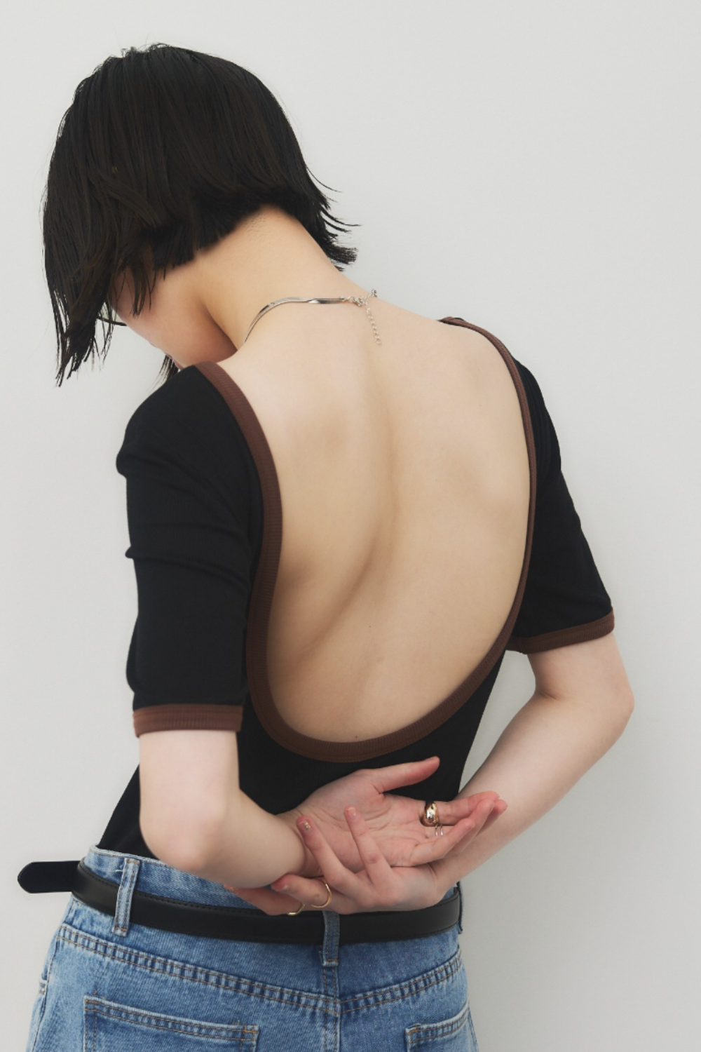 Back open ringer bodysuit tee