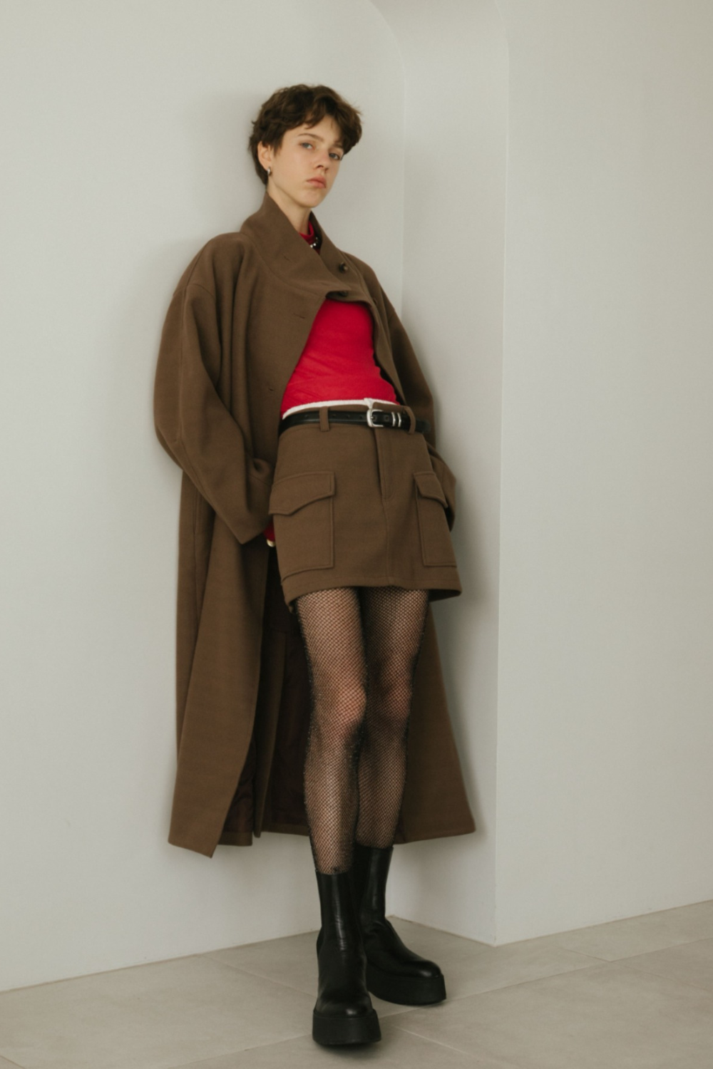 Double waist wool like mini skirt