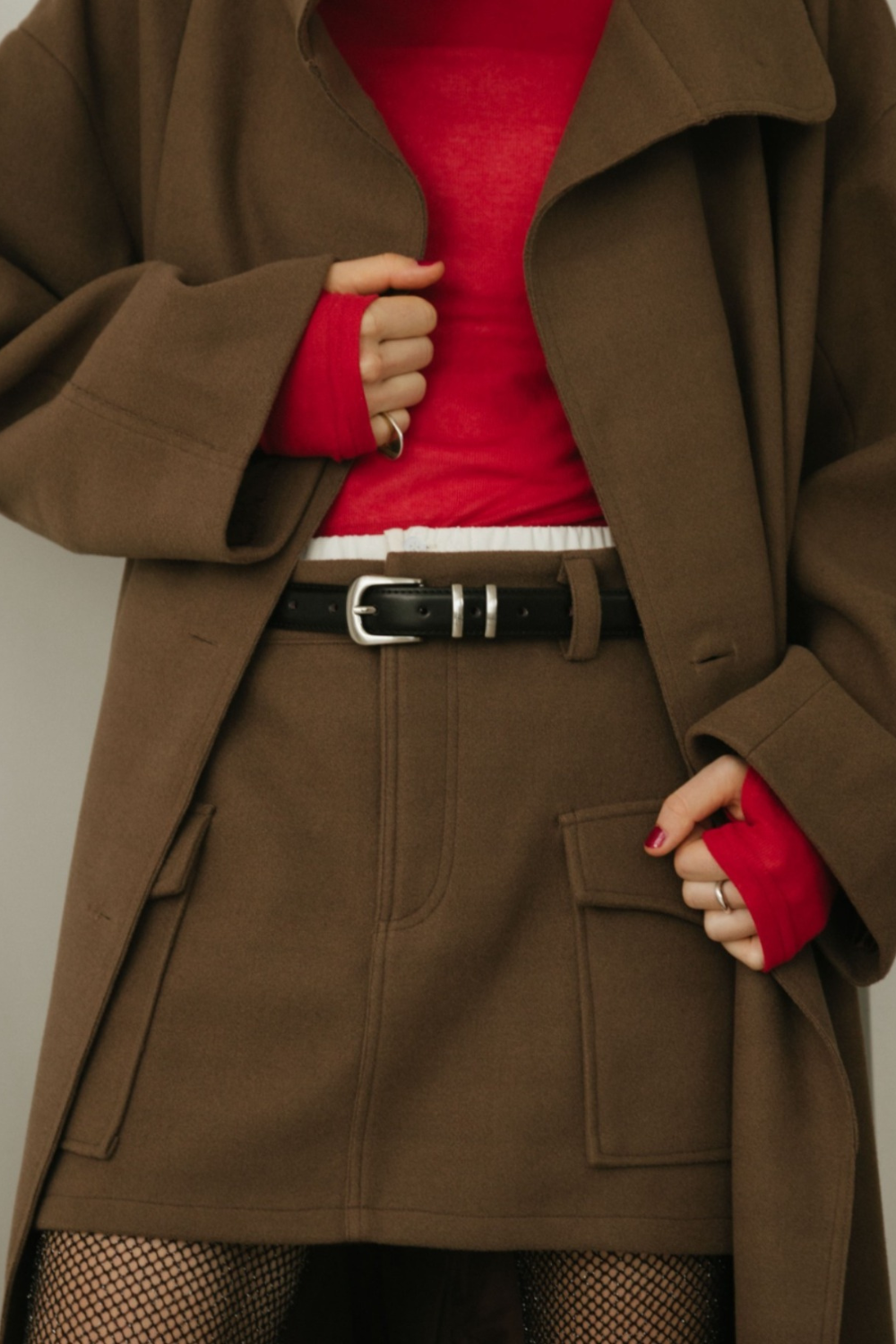 Double waist wool like mini skirt