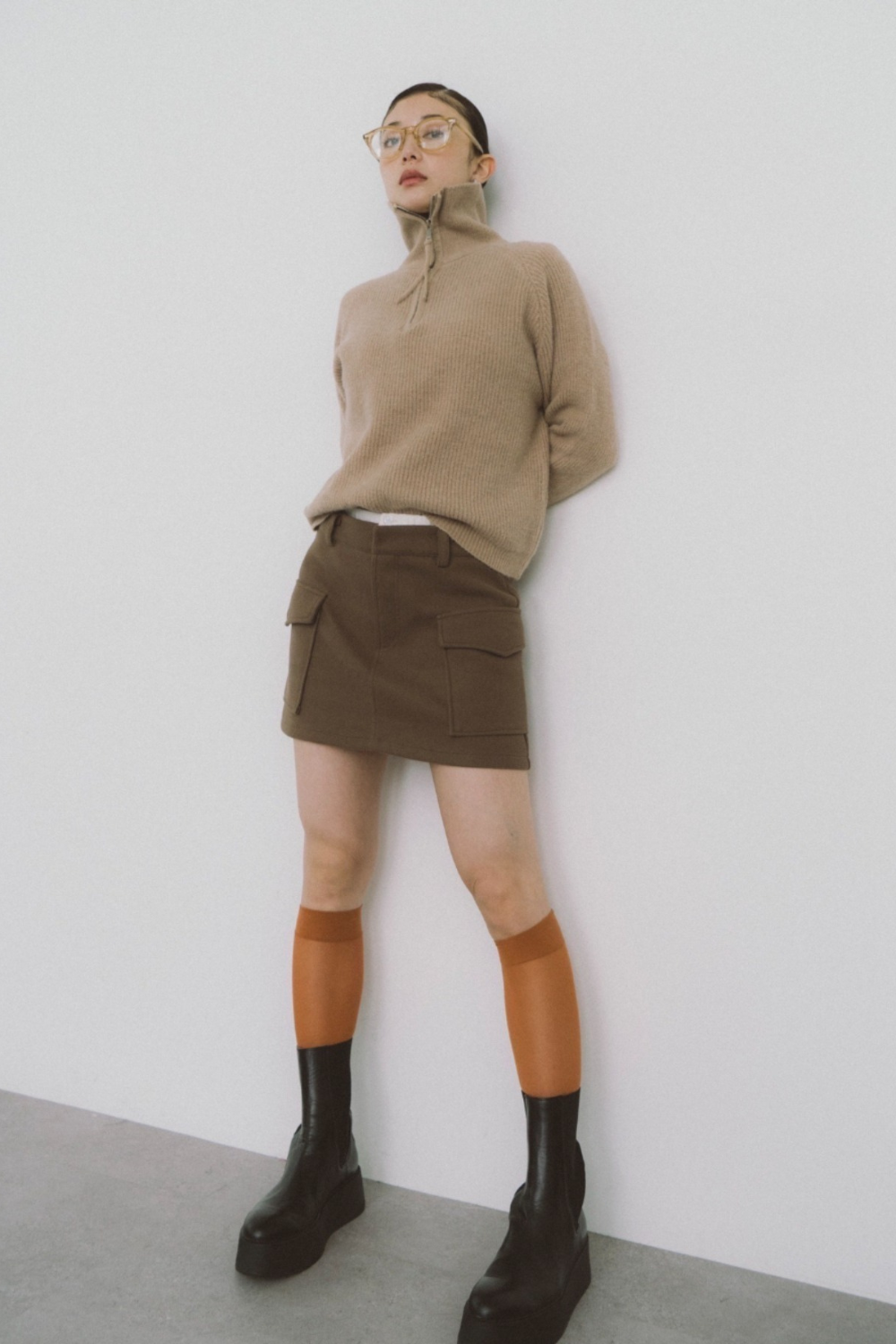 Double waist wool like mini skirt