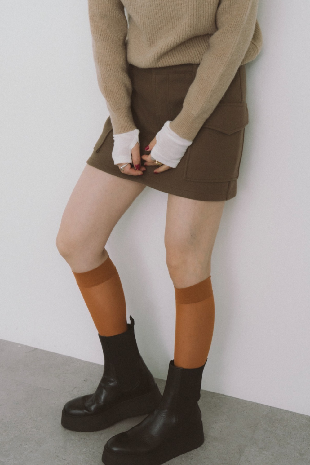 Double waist wool like mini skirt