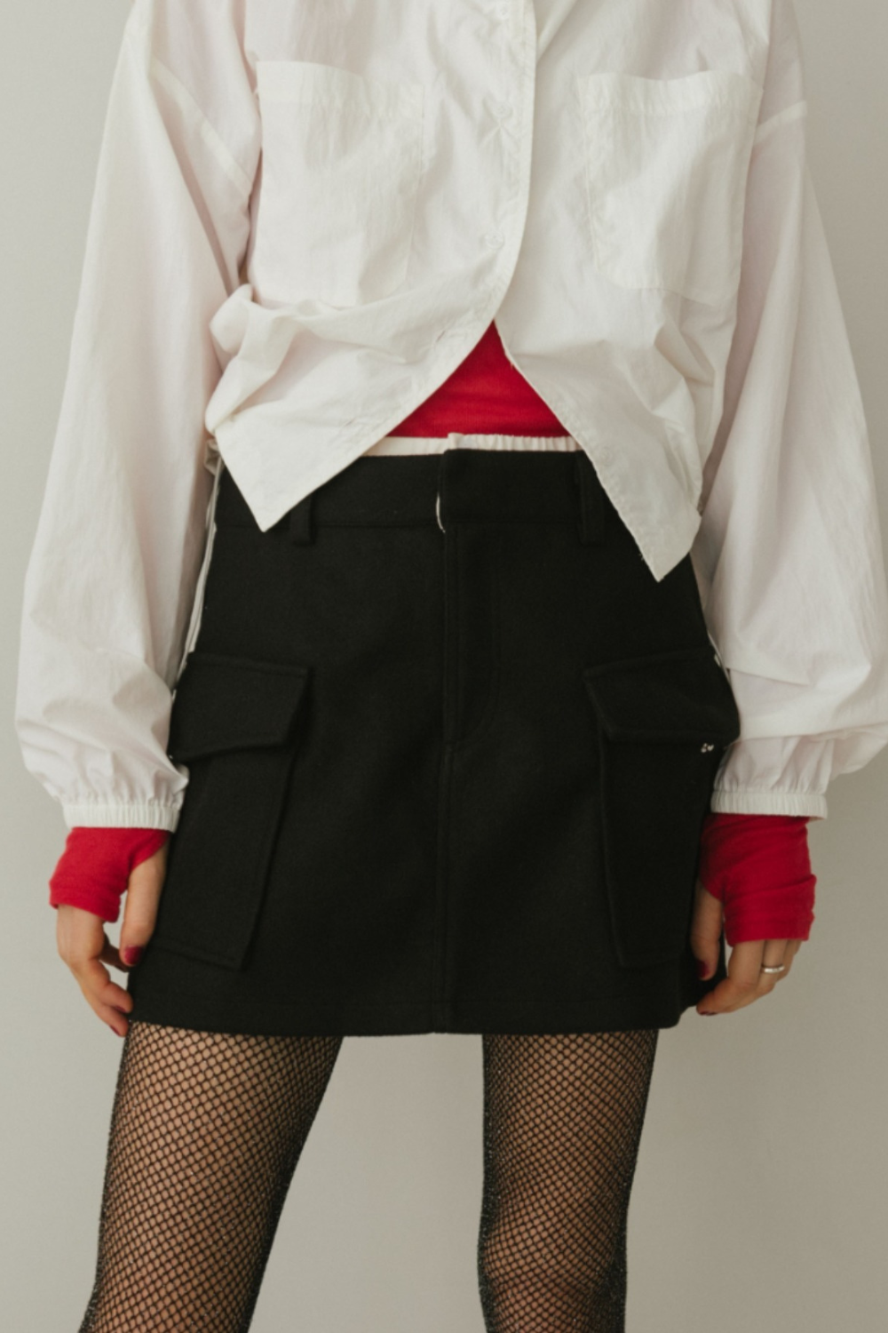 Double waist wool like mini skirt