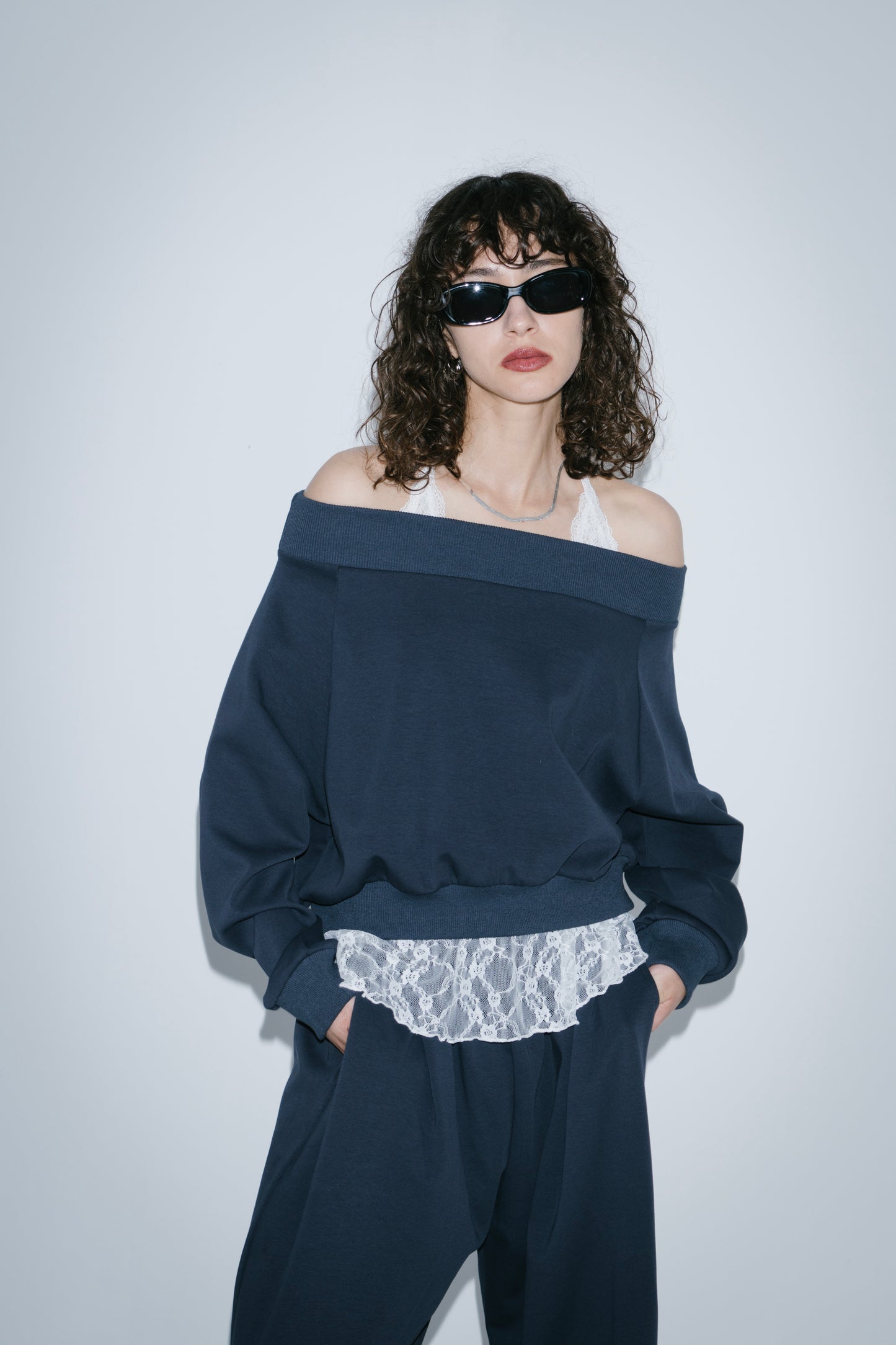 Sweatshirt-touch off-shoulder tops