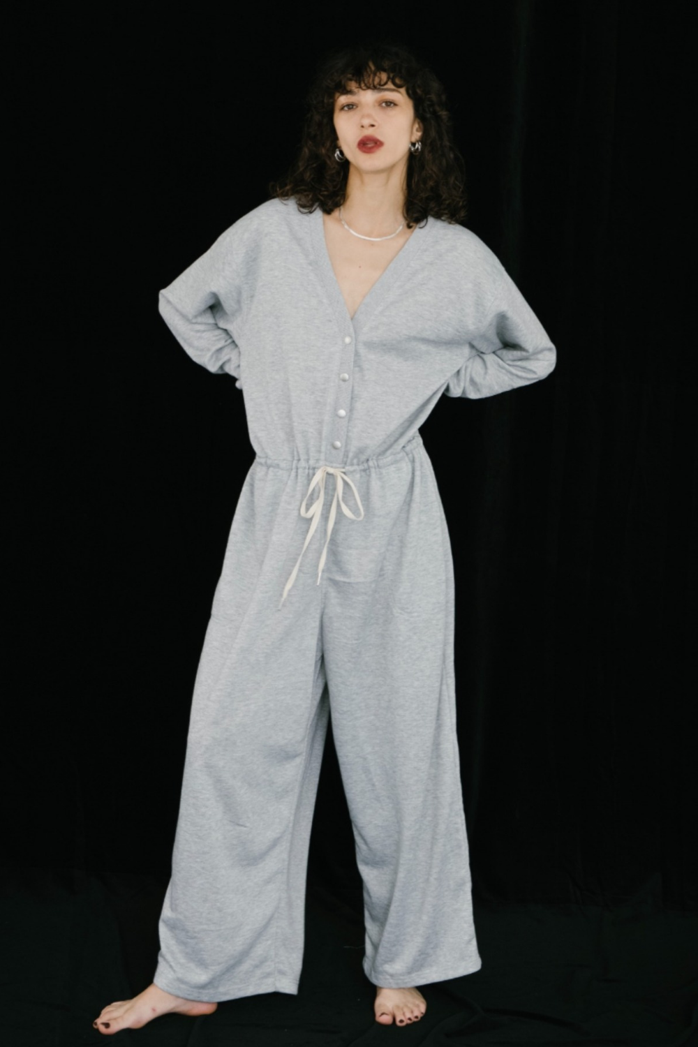V-neck sweatshirt jumpsuit