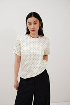 Dot satin half-sleeve blouse