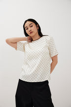 Dot satin half-sleeve blouse