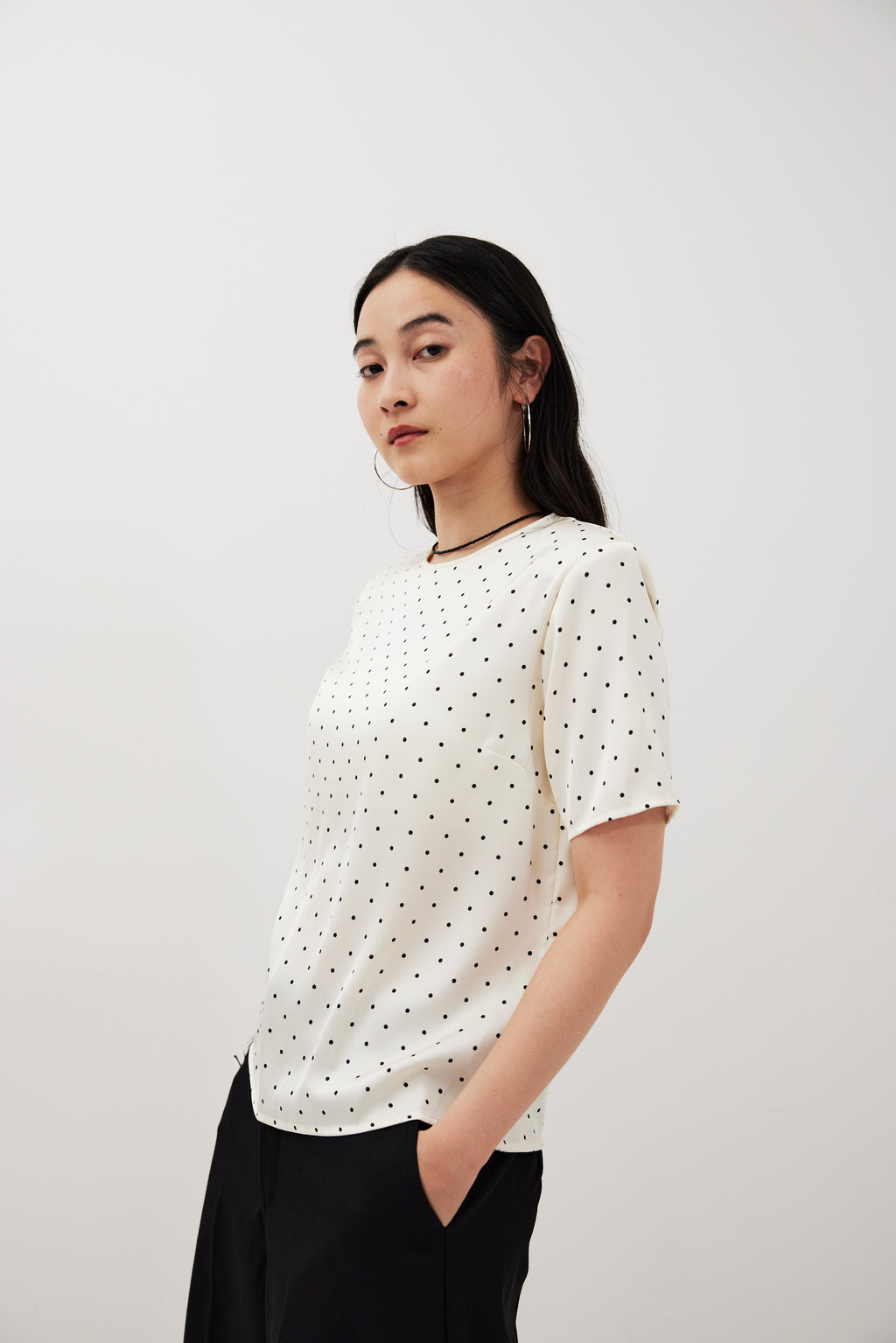 Dot satin half-sleeve blouse
