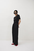 Dot satin half-sleeve blouse