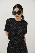 Dot satin half-sleeve blouse