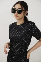 Dot satin half-sleeve blouse