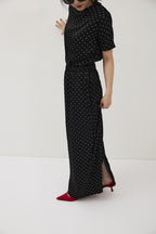 Dot satin long skirt