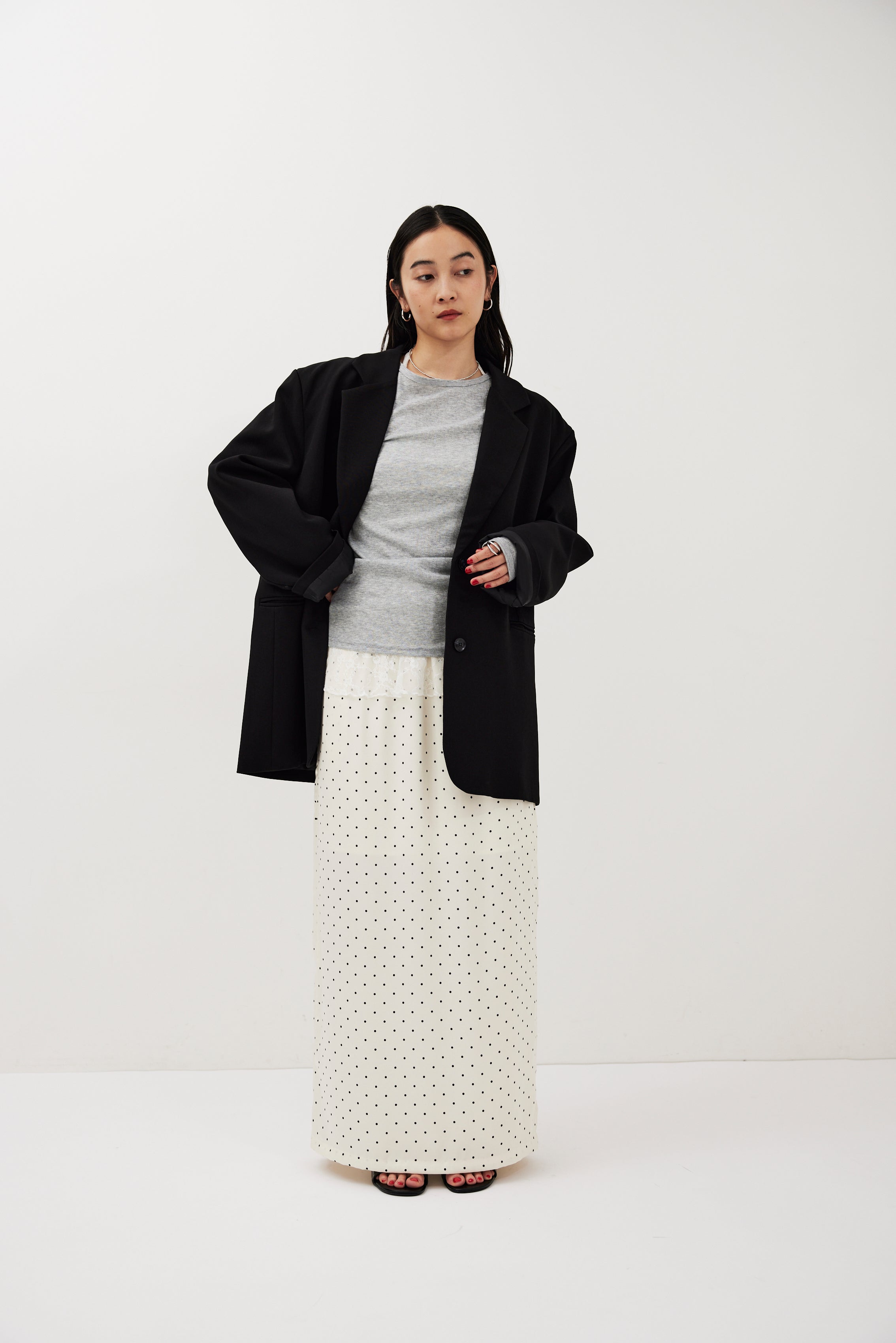 Dot satin long skirt