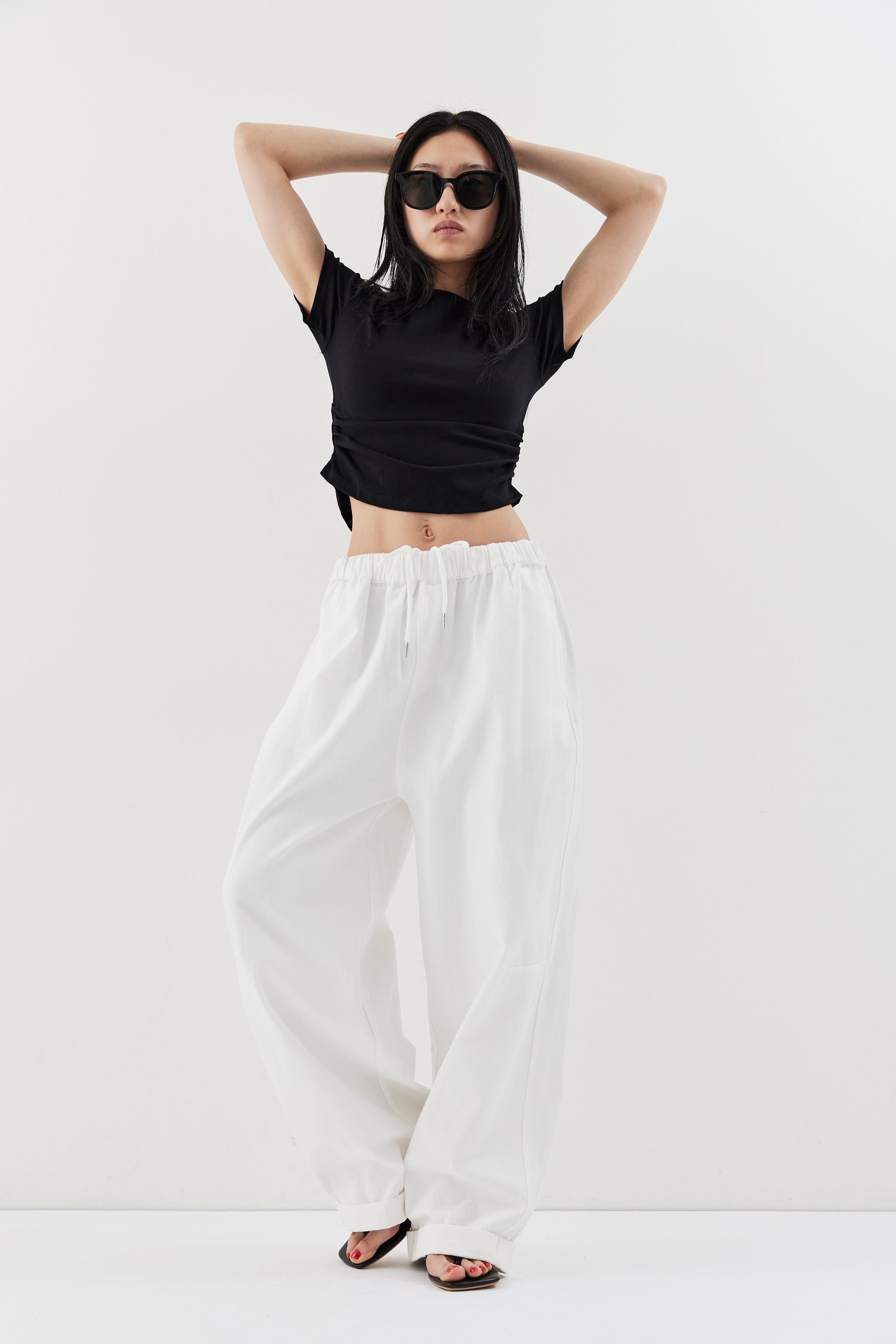 Cotton roll-up curved pants
