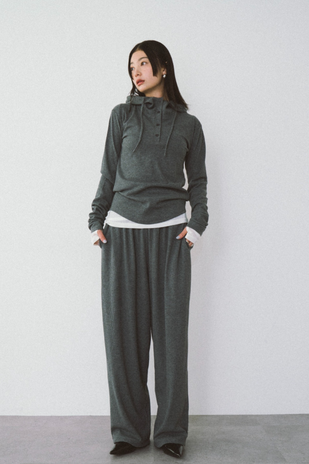 Drawstring Hem Ribbed Easy Pants