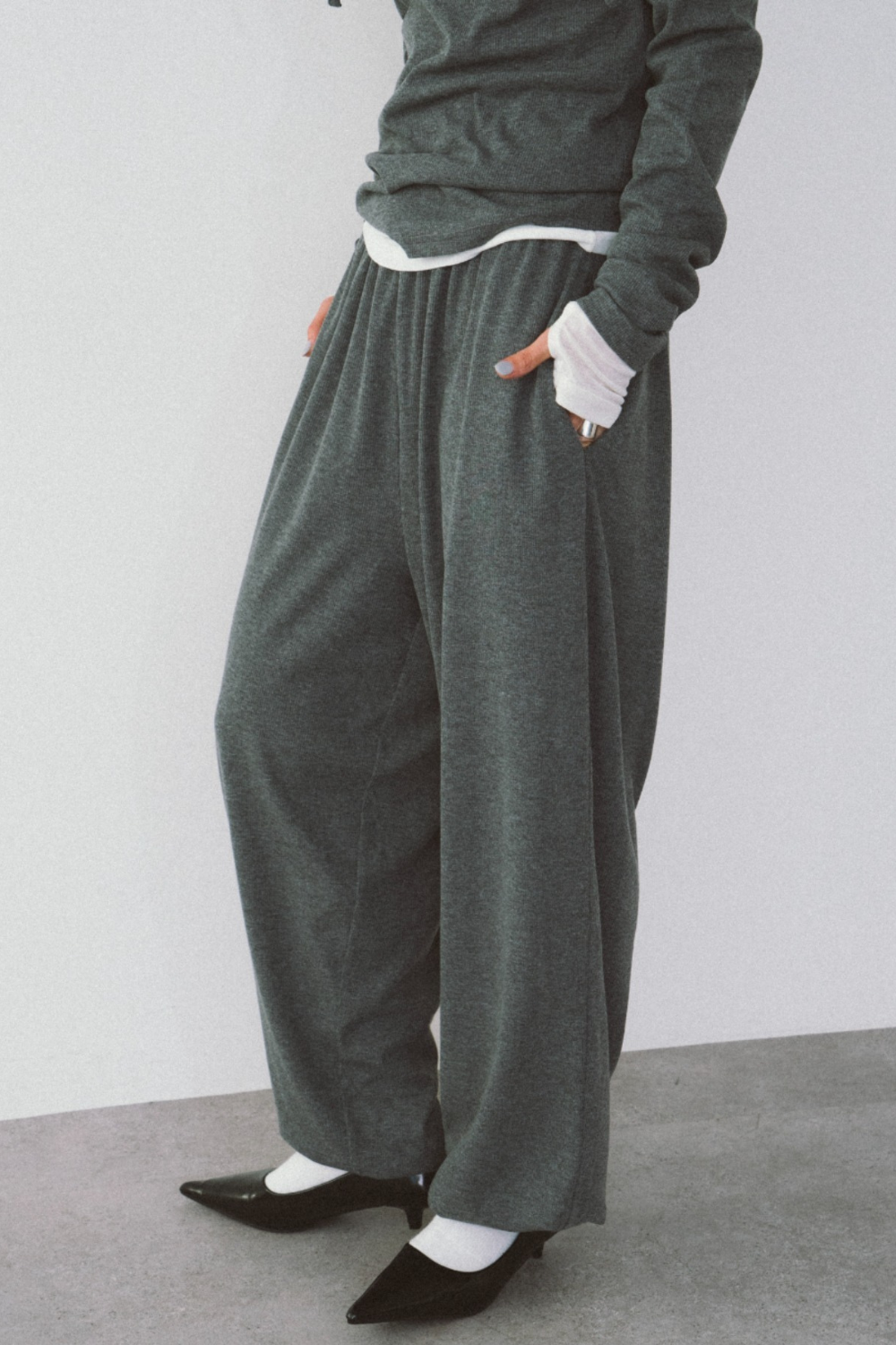 Drawstring Hem Ribbed Easy Pants