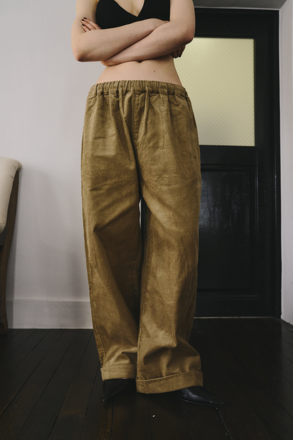 Corduroy roll up curved pants