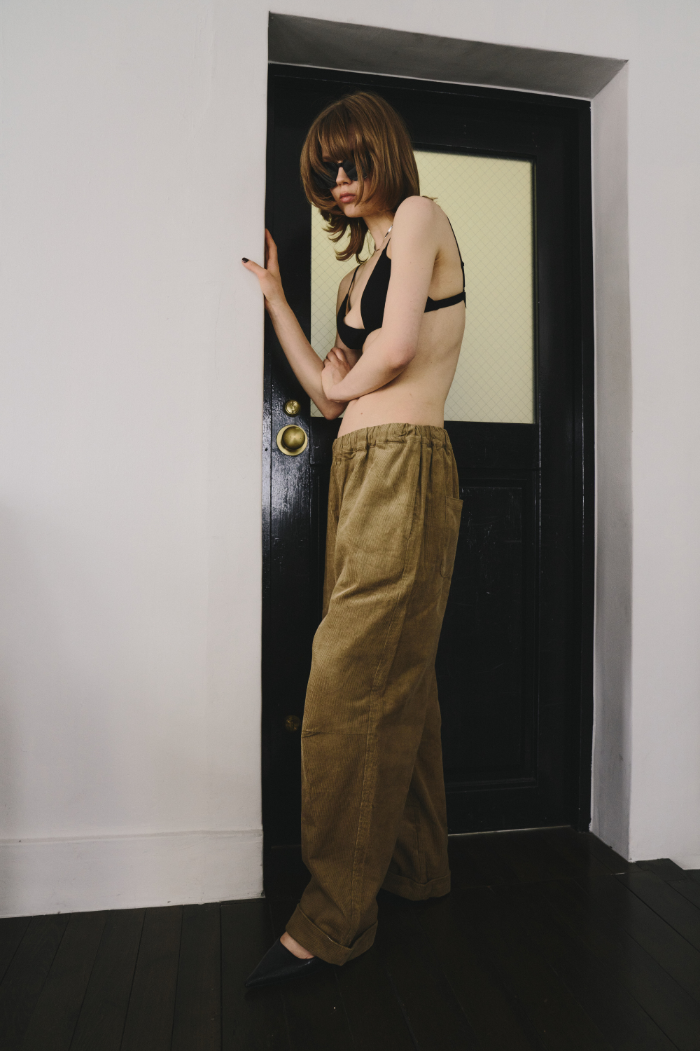 Corduroy roll up curved pants