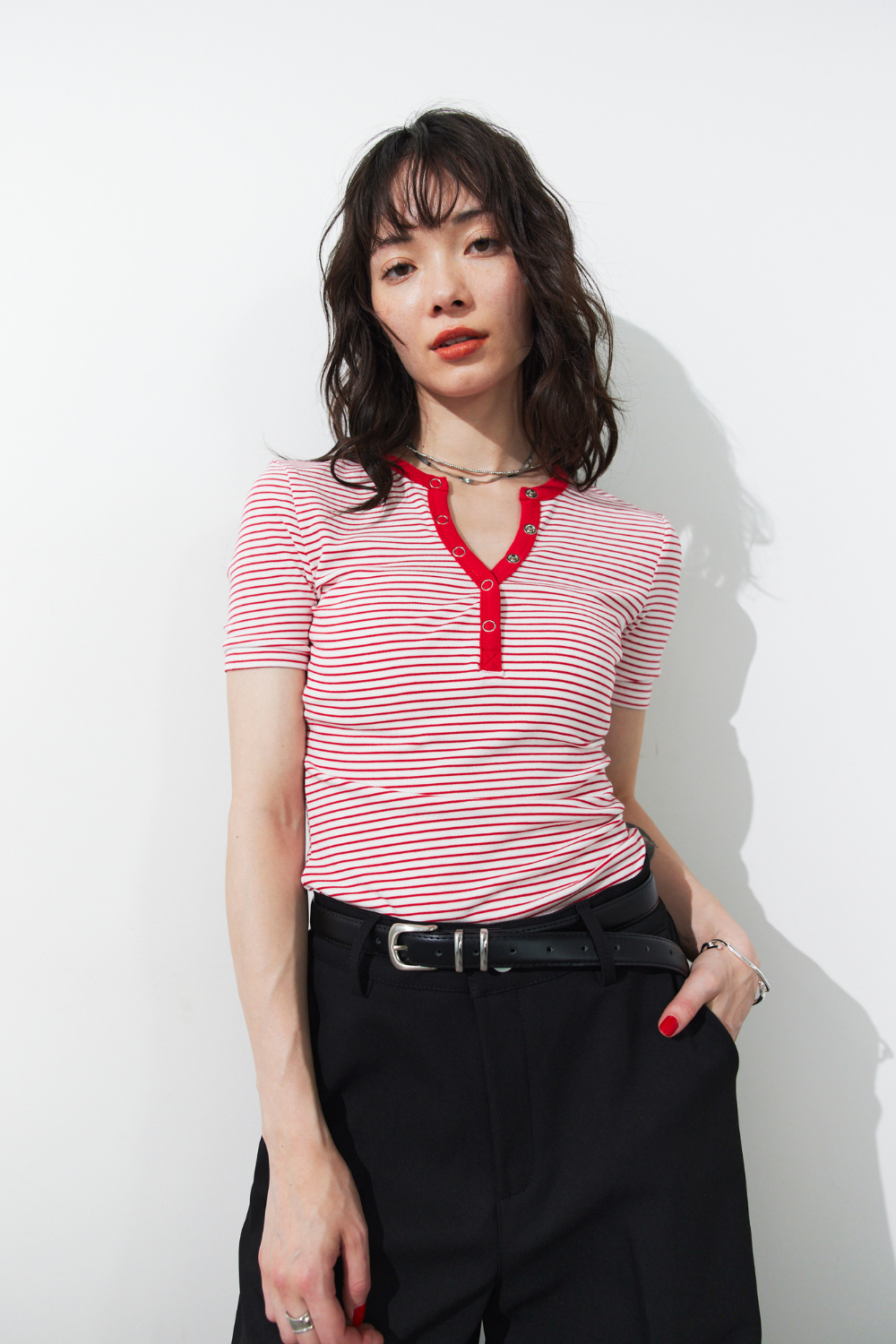 Snap button henry neck border TEE