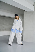 Tucked wide sweatpants