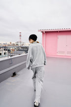 Tucked wide sweatpants