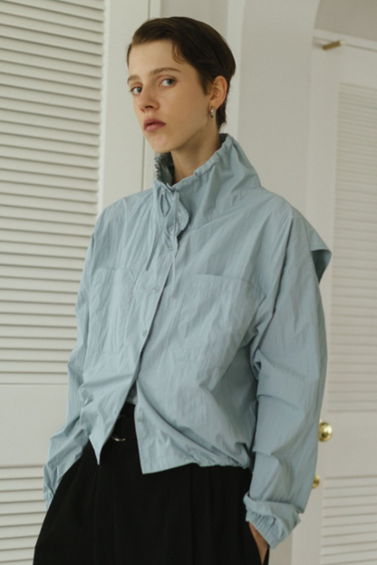 Drawstring stand collar shirt