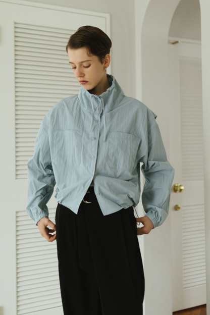 Drawstring stand collar shirt