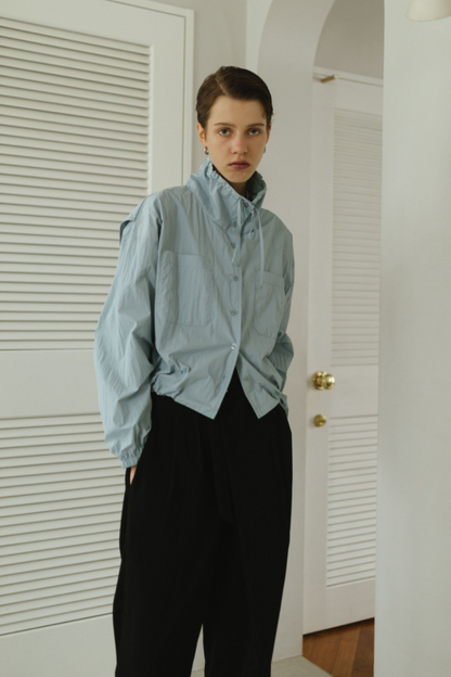 Drawstring stand collar shirt