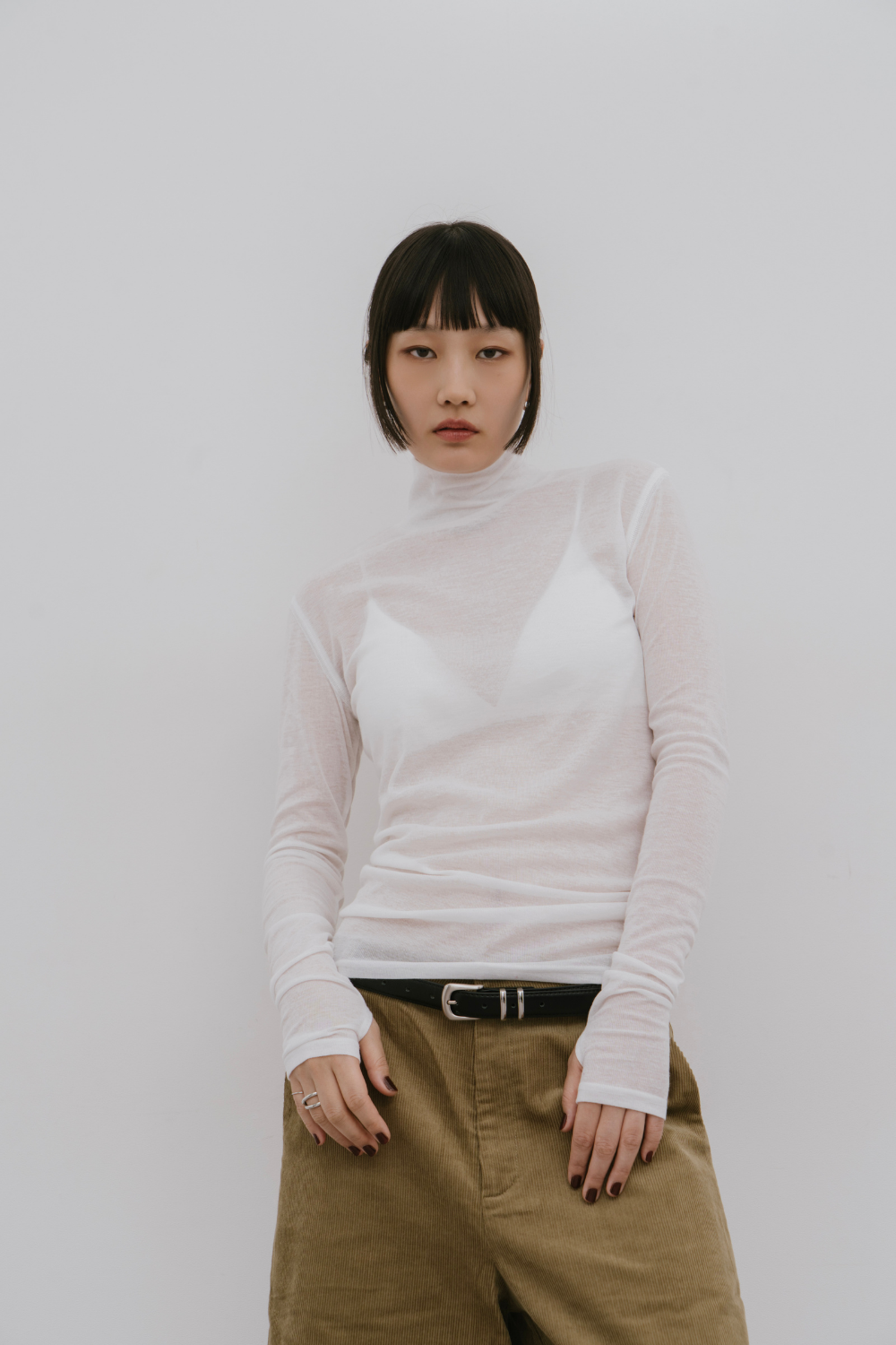 Sheer high neck long sleeve TEE