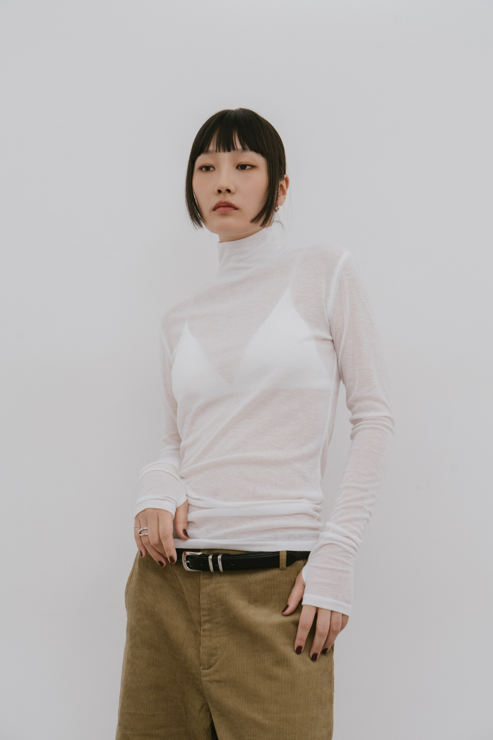 Sheer high neck long sleeve TEE