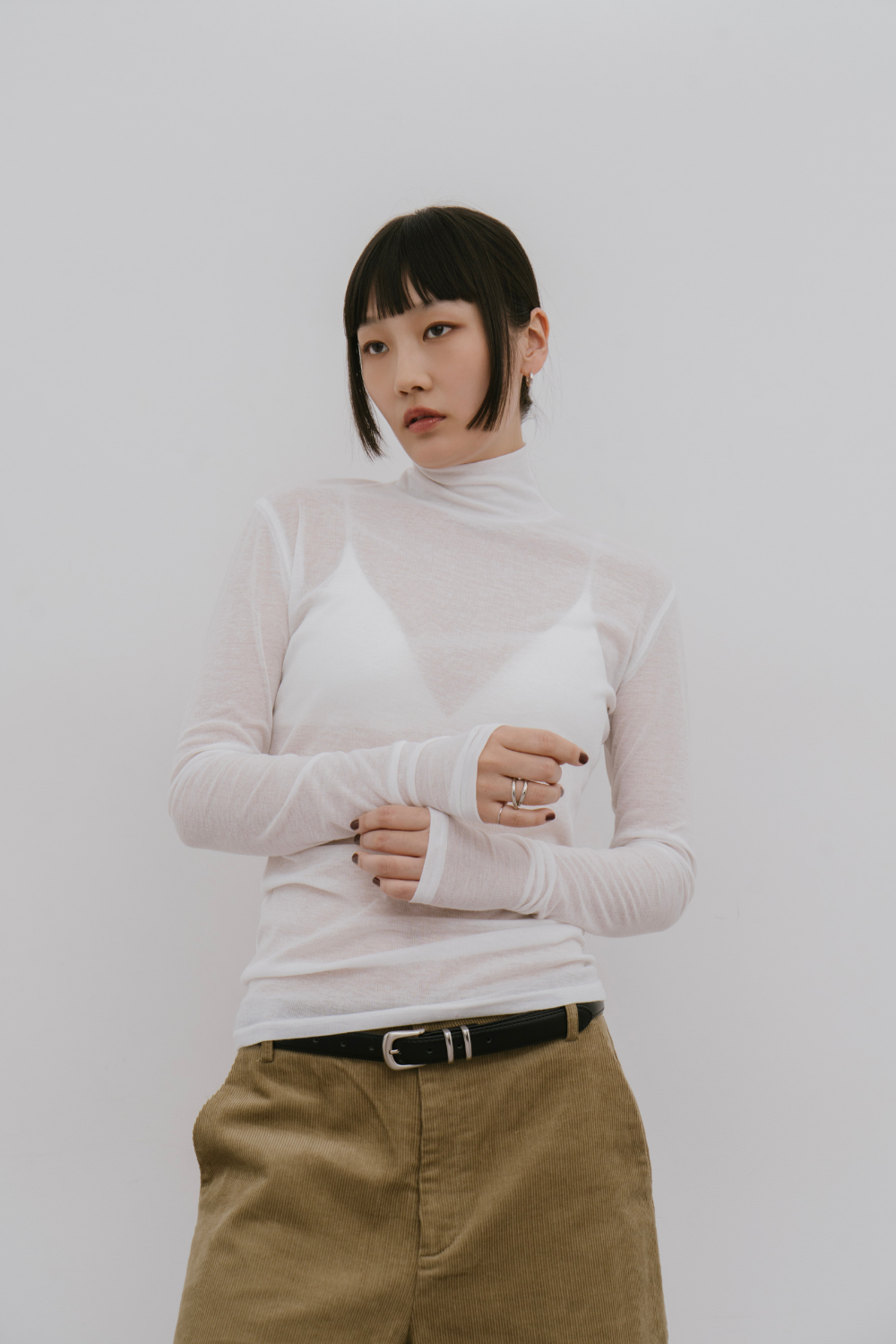 Sheer high neck long sleeve TEE