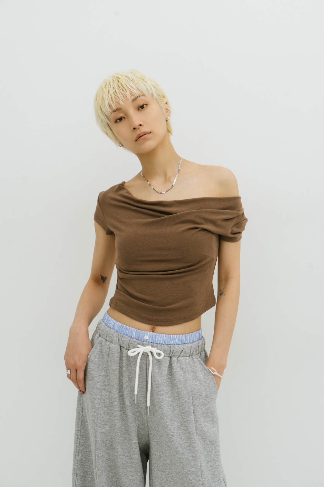 Draped off-shoulder TEE