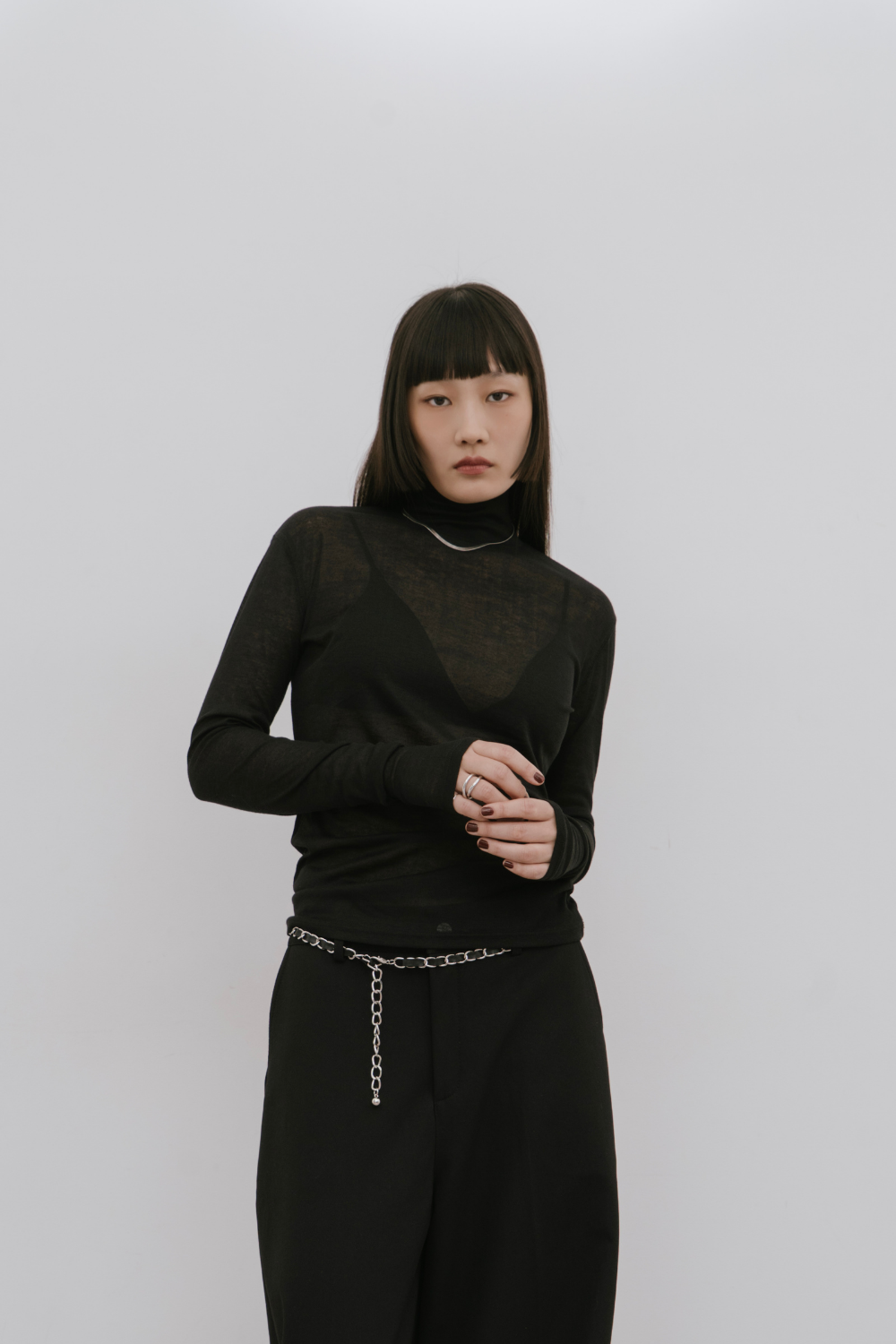 Sheer high neck long sleeve TEE