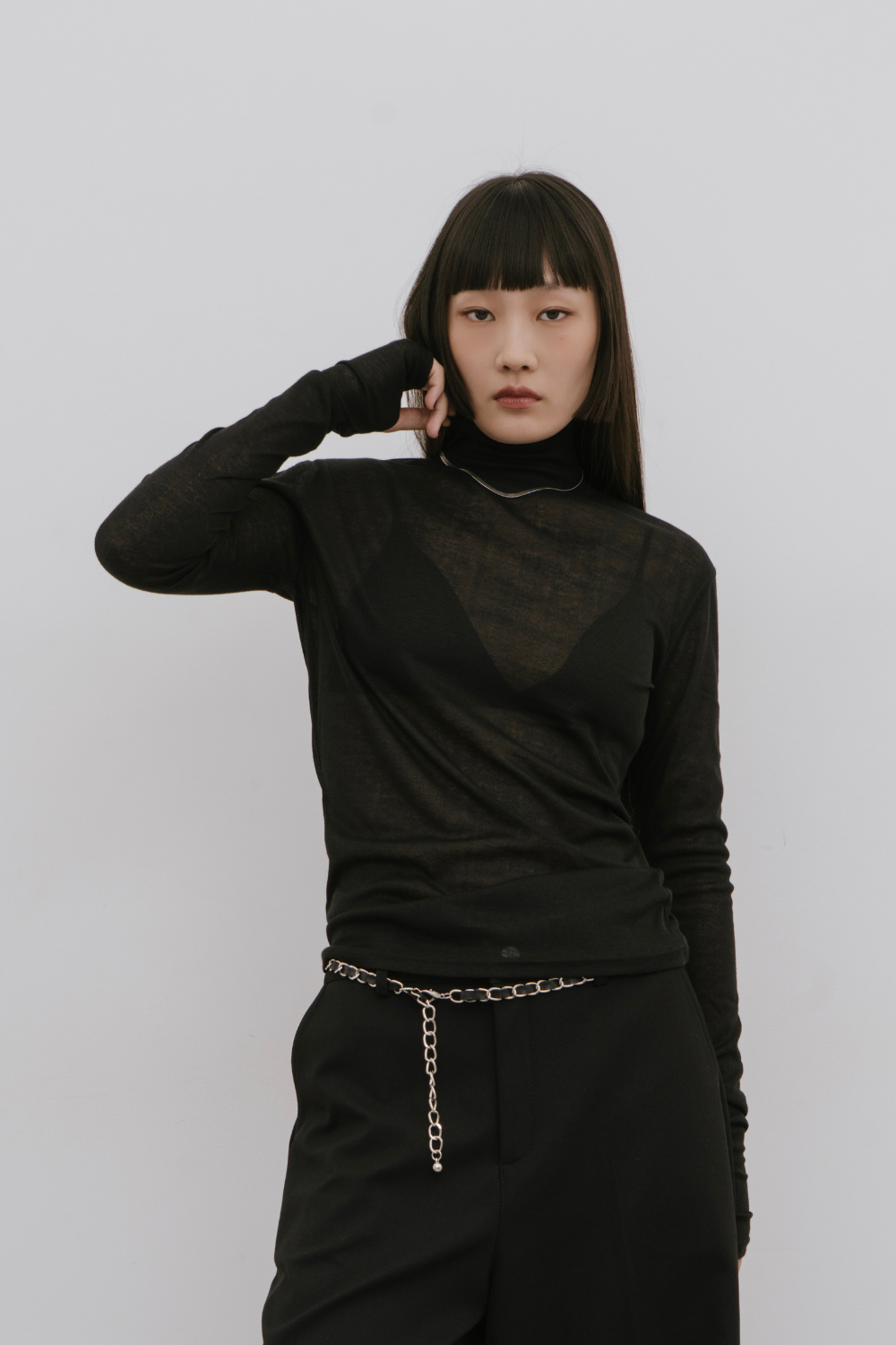 Sheer high neck long sleeve TEE