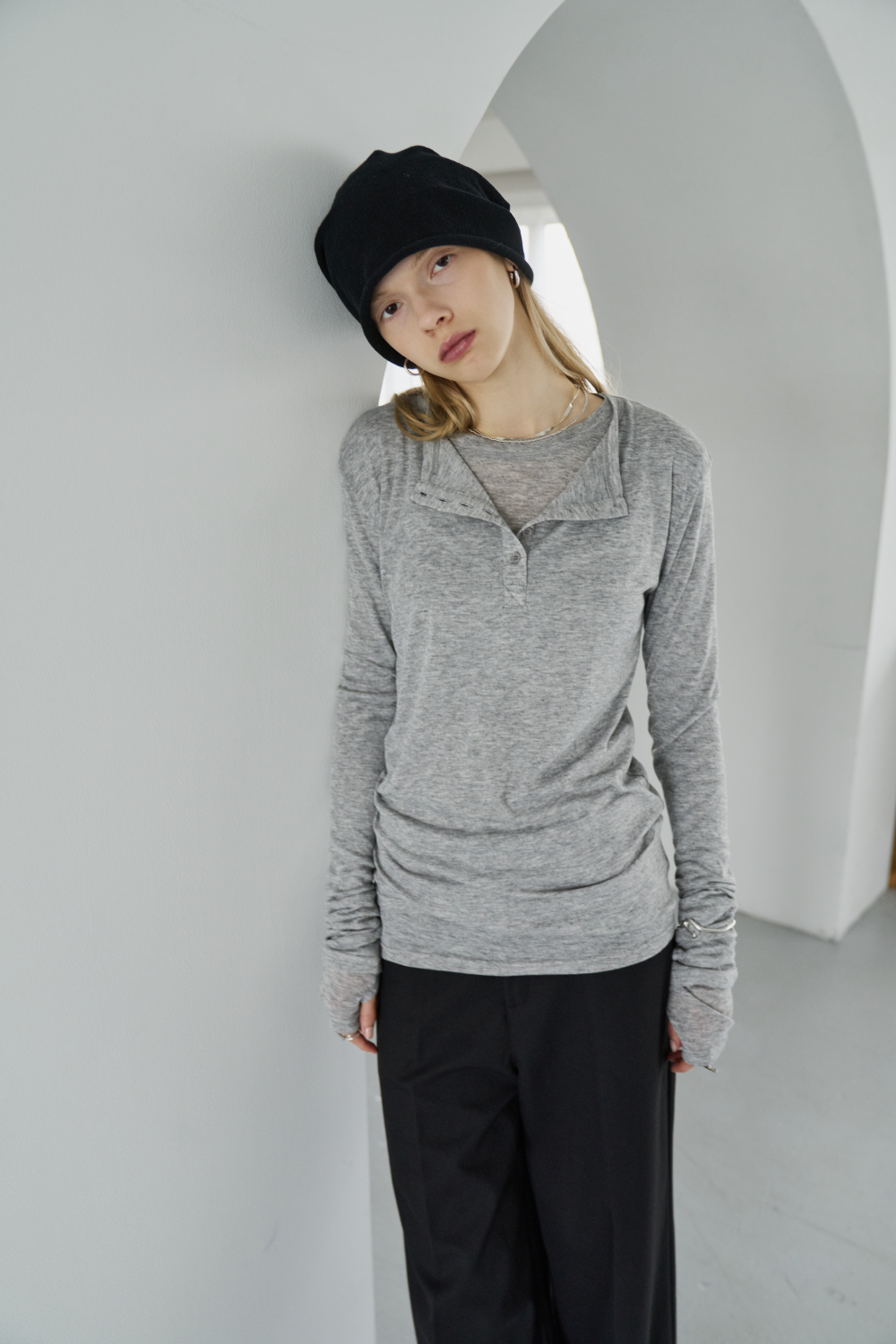 Sheer henley-neck long tee