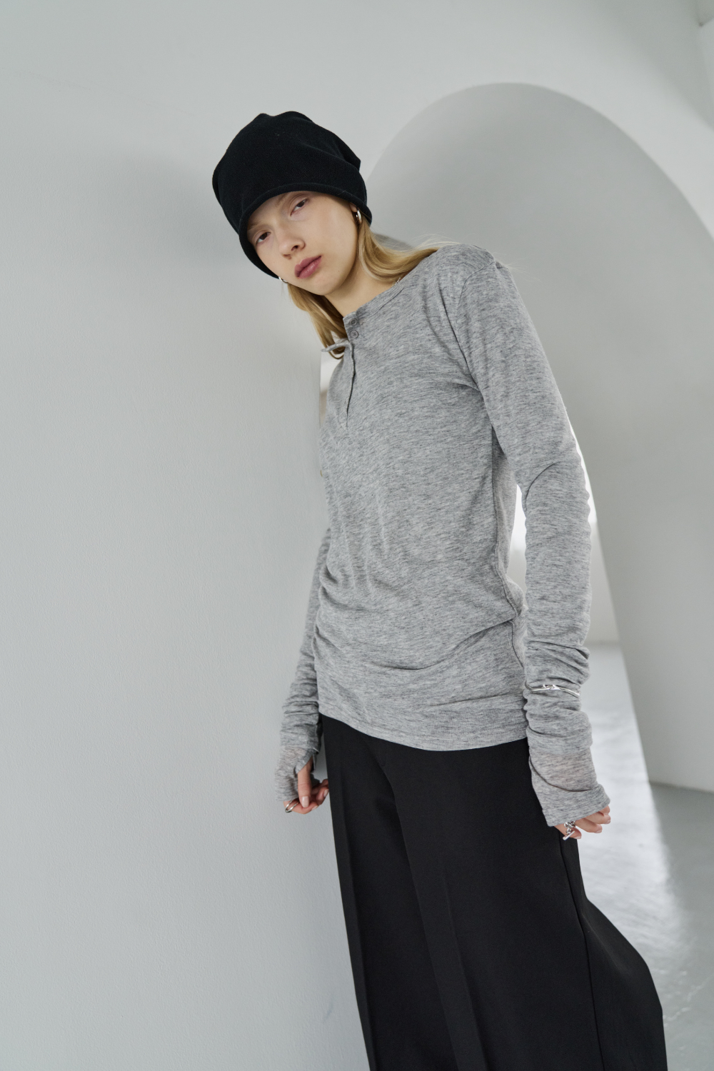 Sheer henley-neck long tee