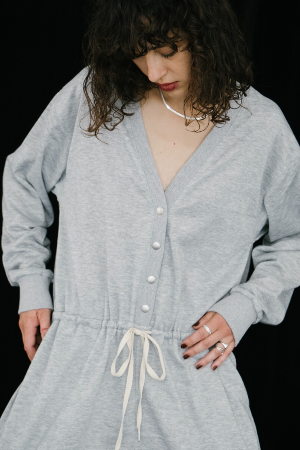 V-neck sweatshirt jumpsuit