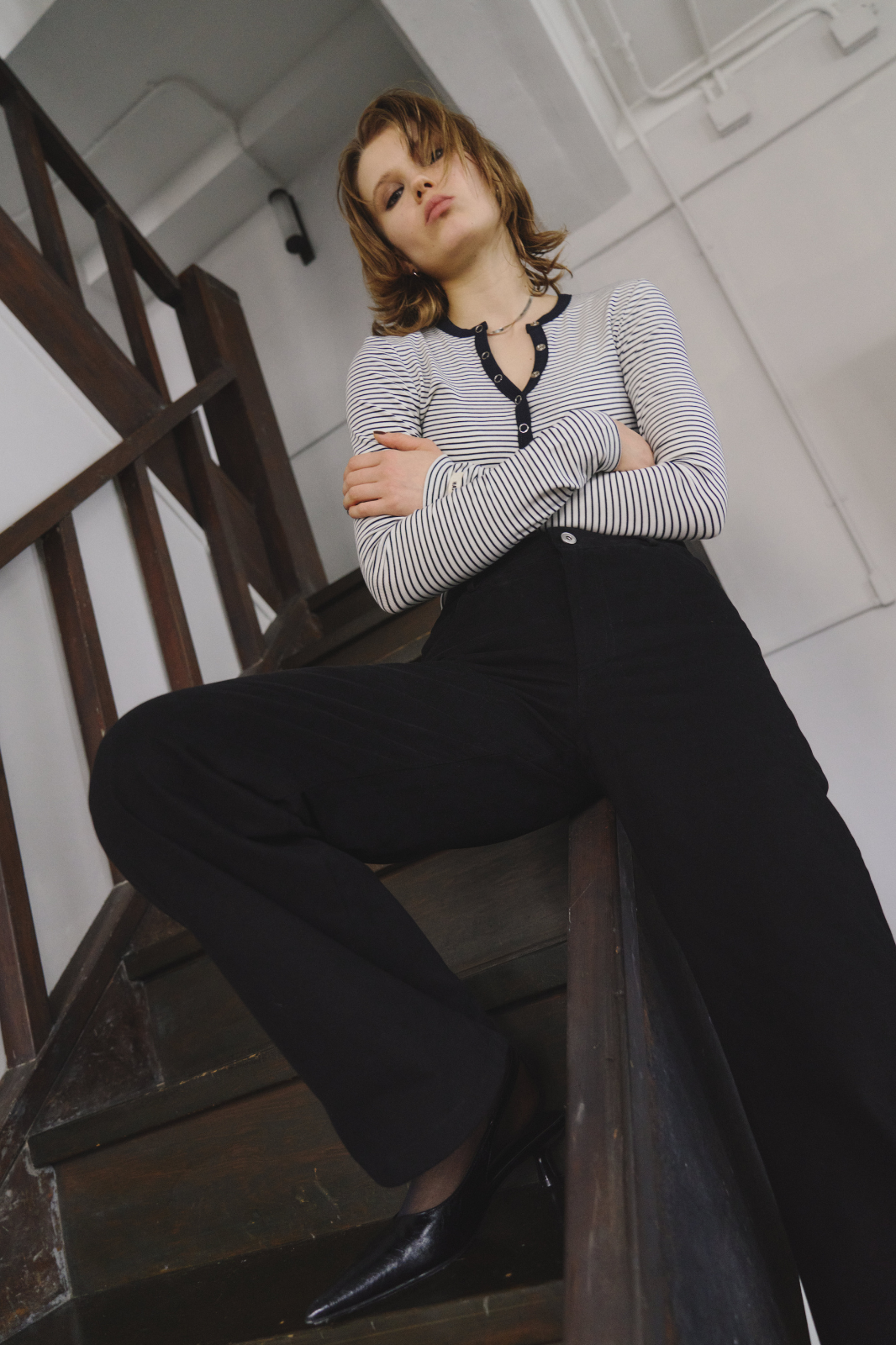 Snap-button henry-neck long sleeve TEE
