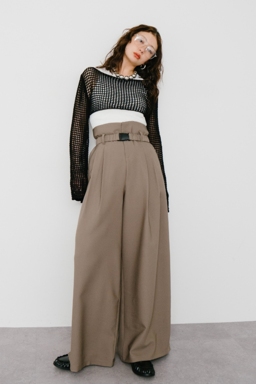 Gathered belted wide pants