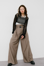Gathered belted wide pants