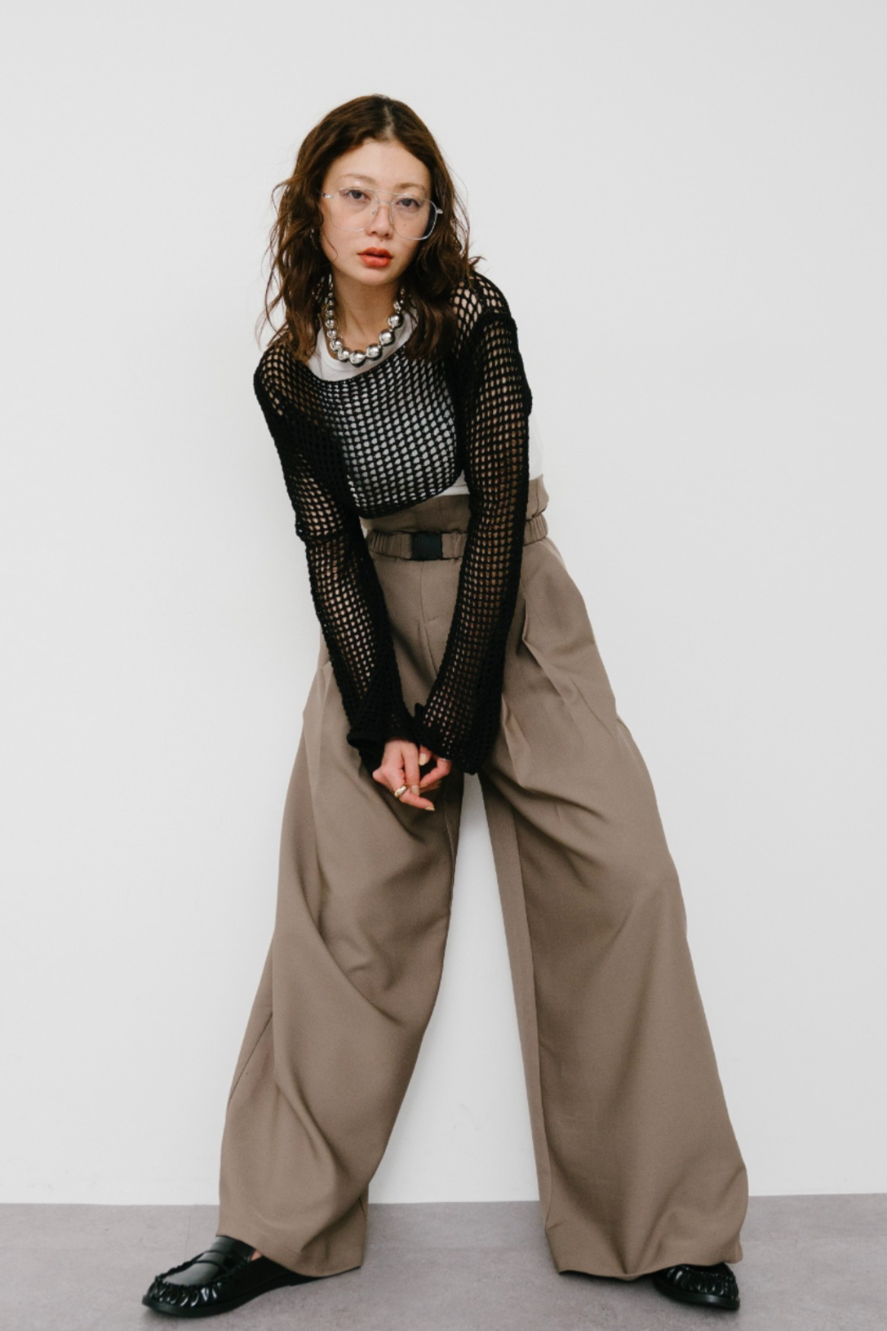 Gathered belted wide pants