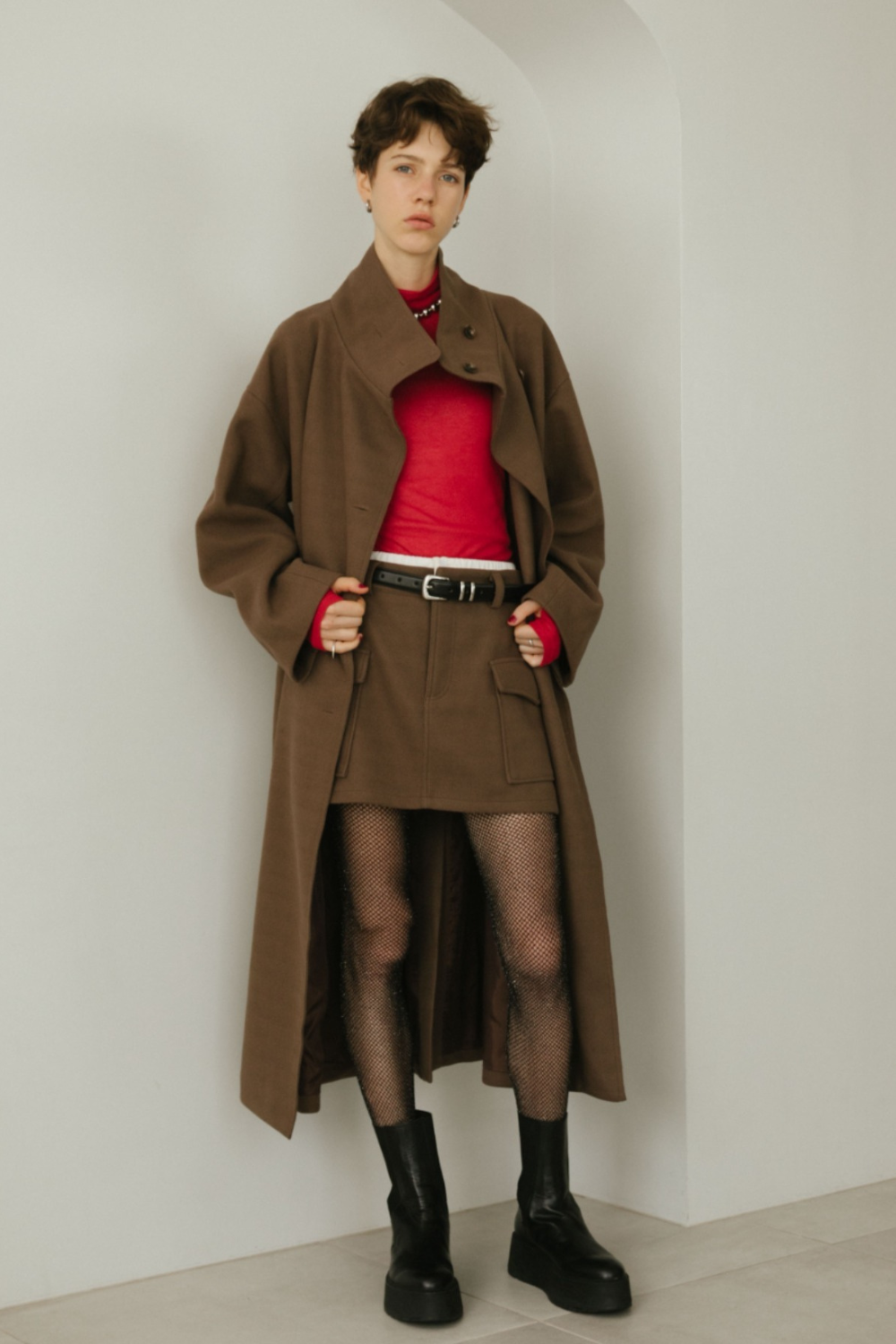 Double waist wool like mini skirt