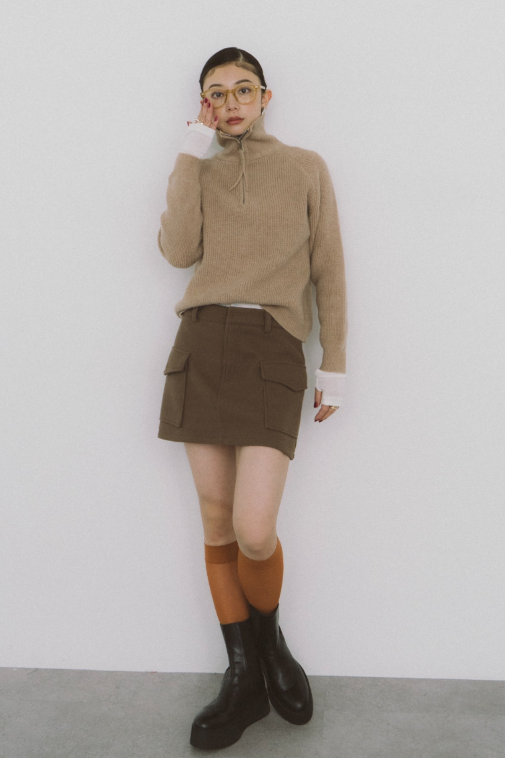 Double waist wool like mini skirt