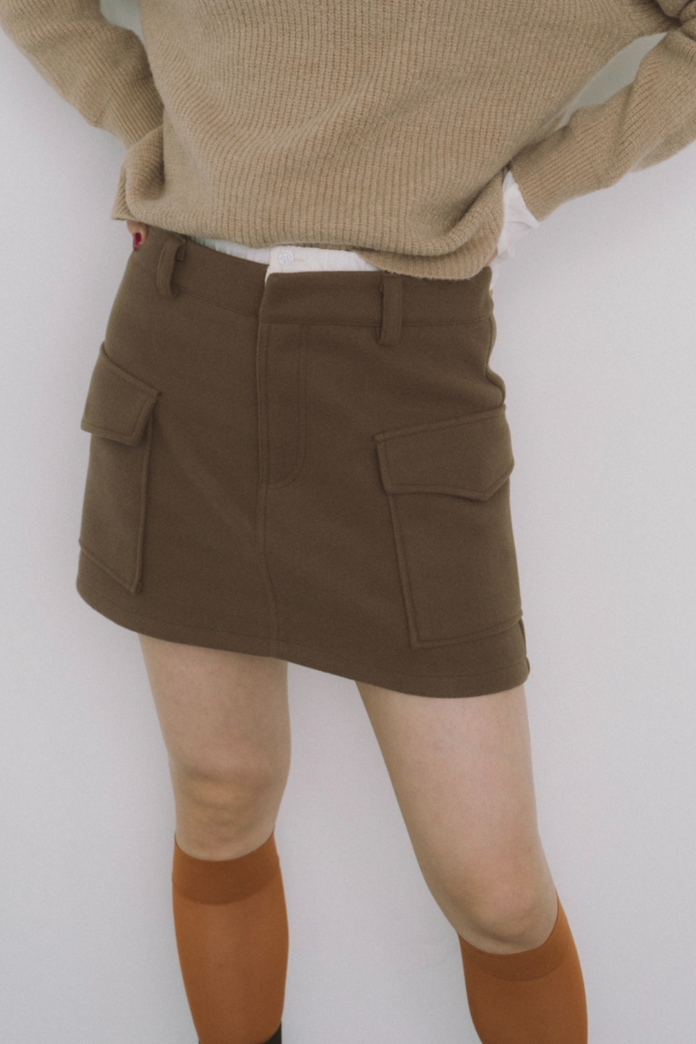 Double waist wool like mini skirt
