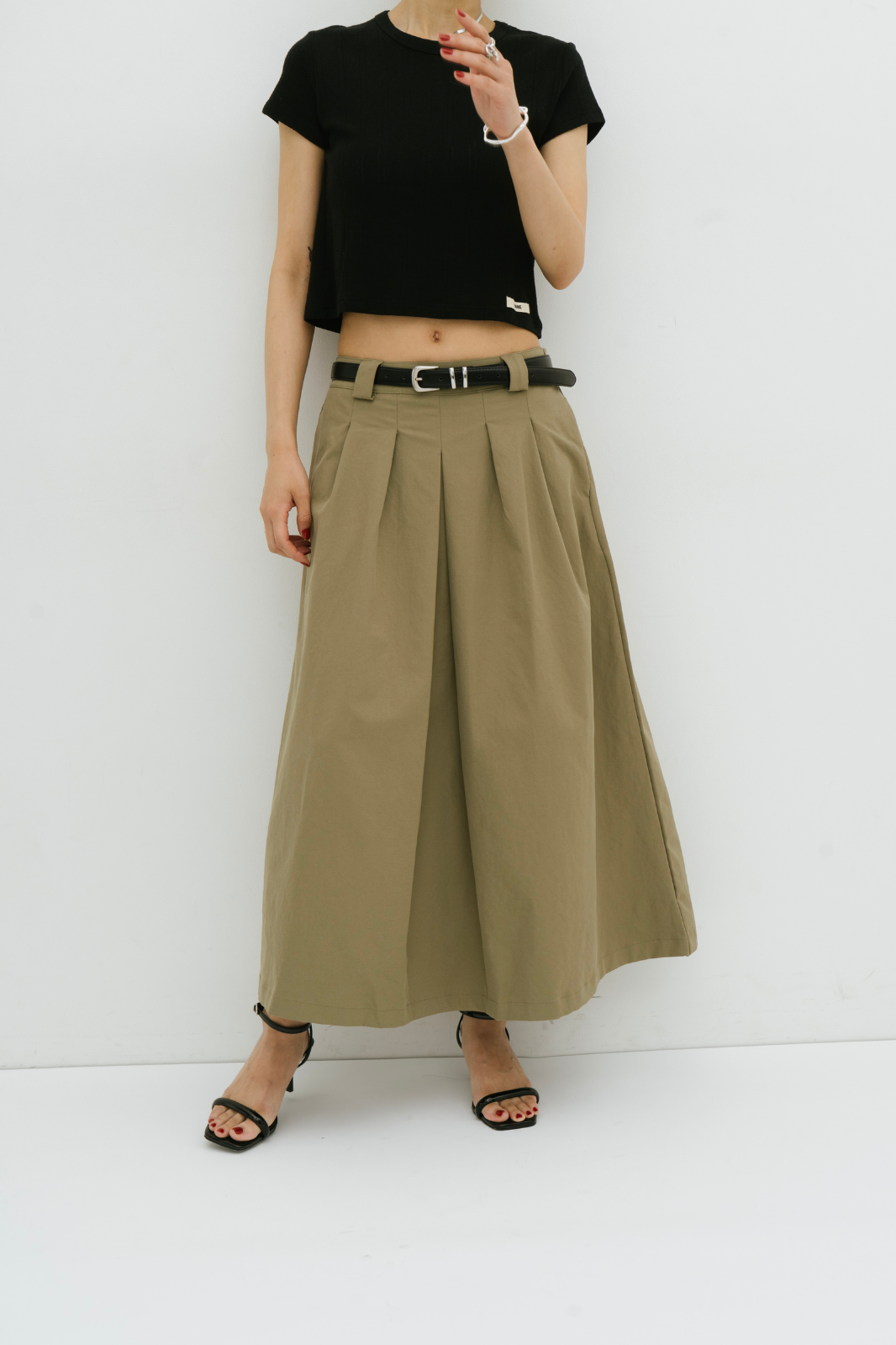 Tuck flare midi skirt