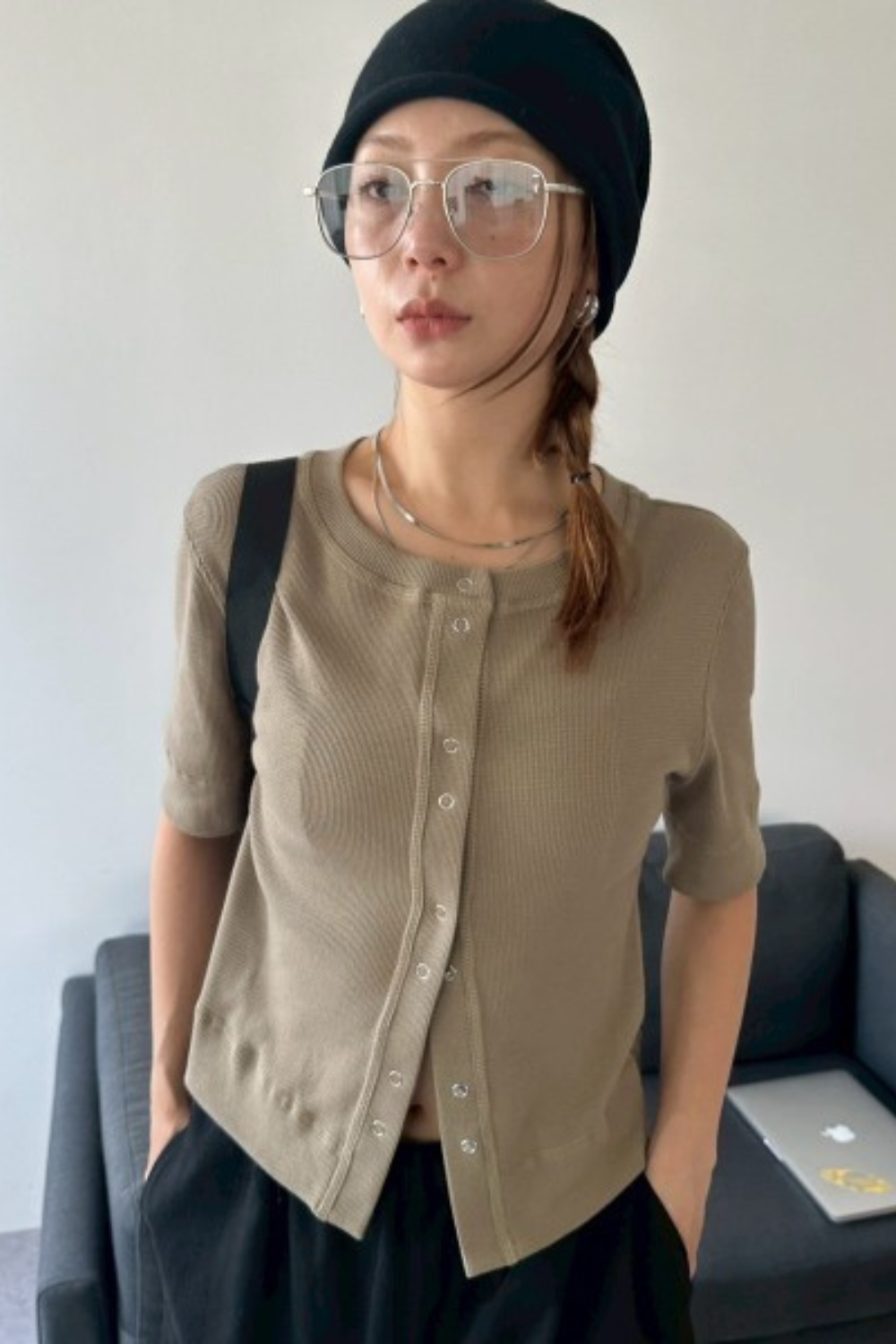 Thermal half sleeve snap cardigan