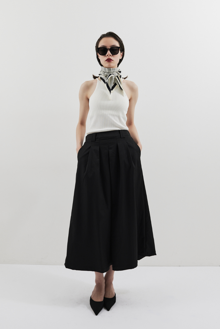 Tuck flare midi skirt