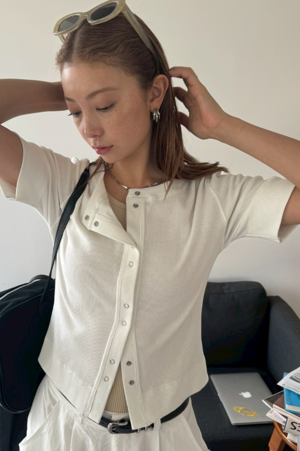 Thermal half sleeve snap cardigan