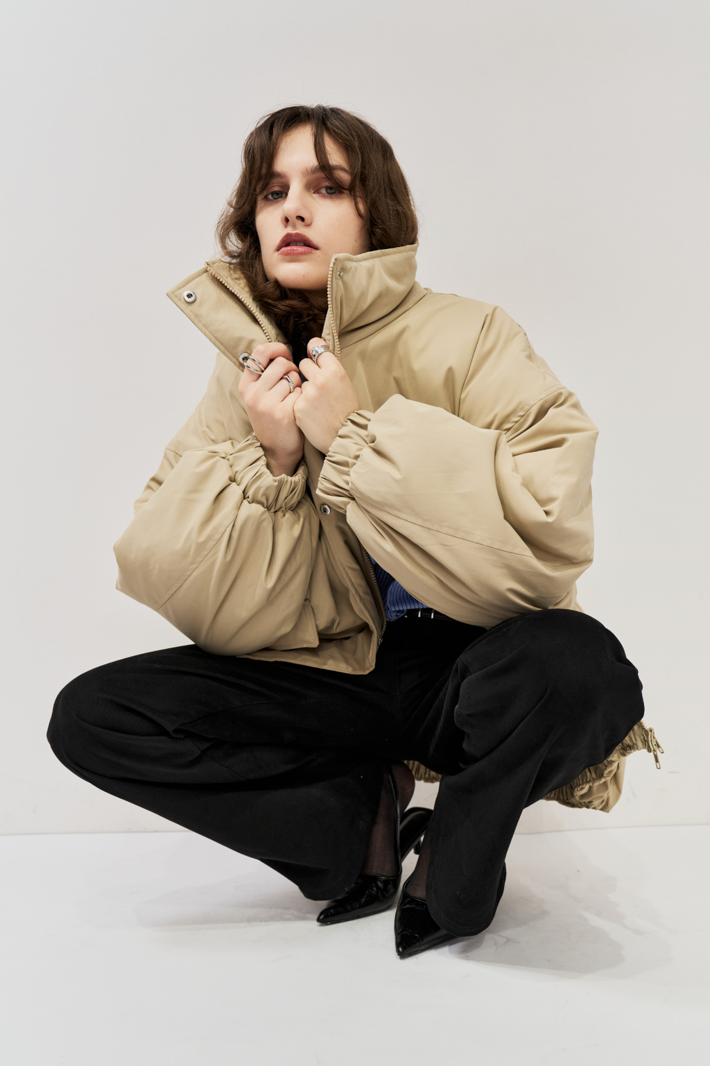 Stand collar padding midi coat