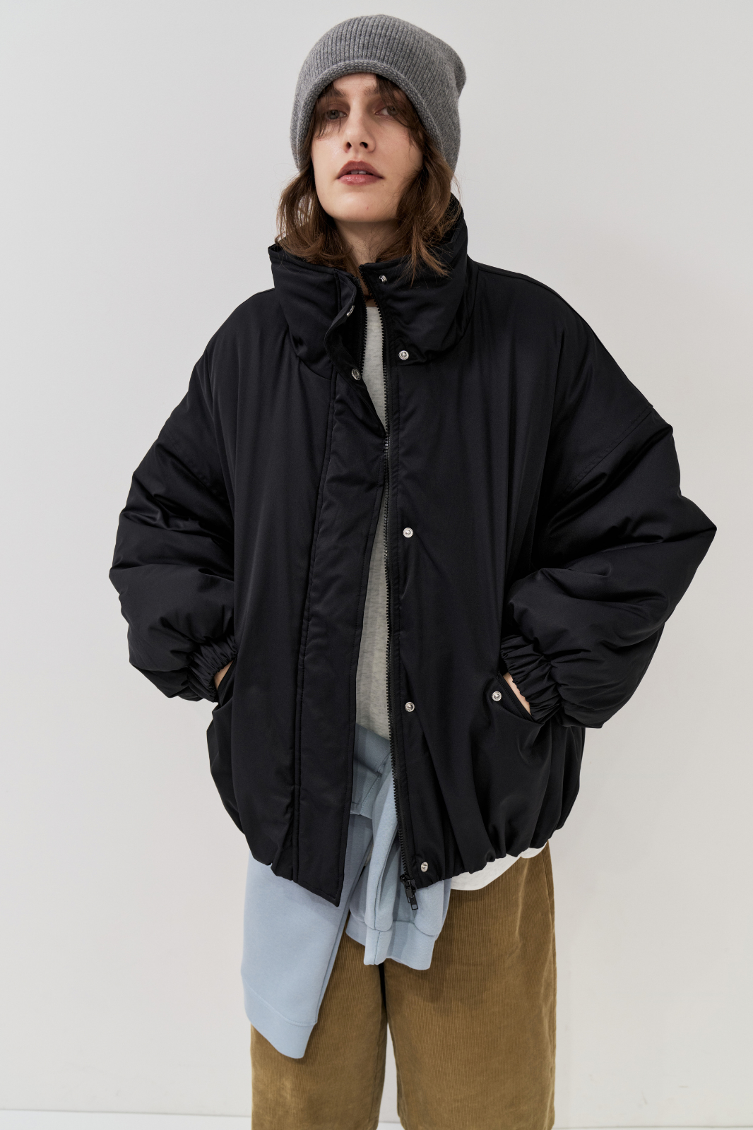 Stand collar padding midi coat