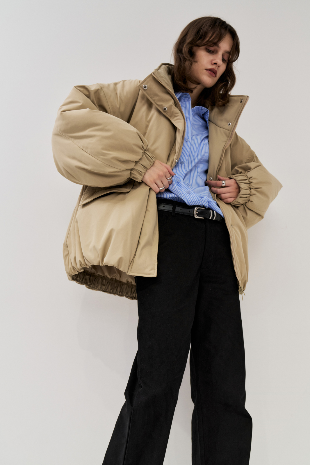 Stand collar padding midi coat